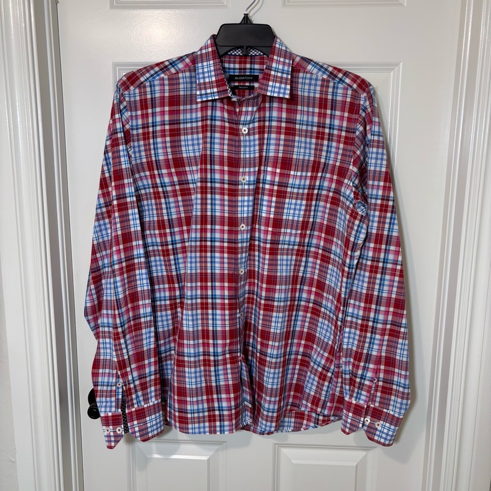 Bugatchi Long Sleeve Blue Red Plaid Button Down Cotton Shirt Men’s M Classic Fit